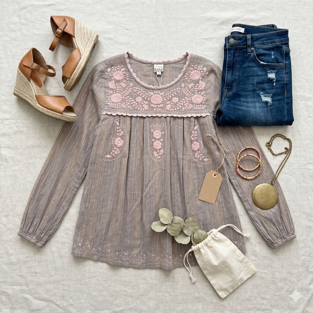 Sister Mary Gray Pink Embroidered Boho Peasant Top S Gold Metallic Stripe Tunic